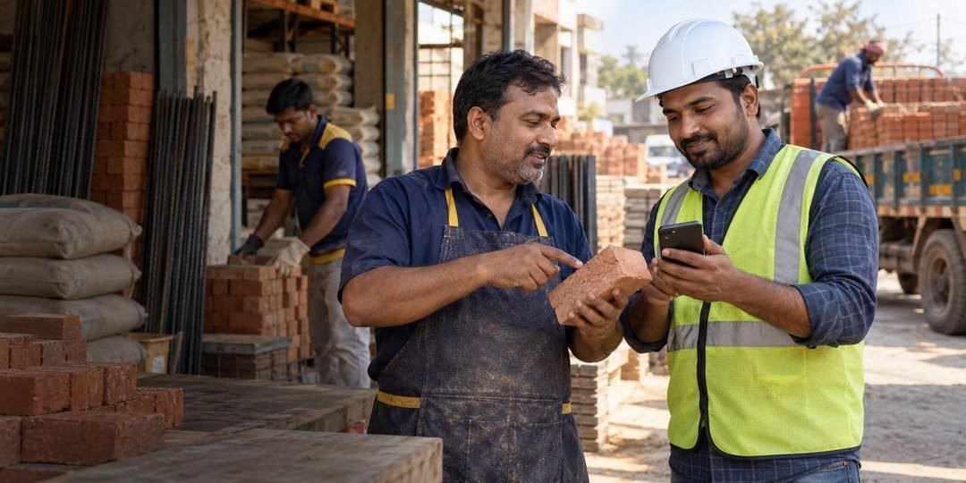 दुकान पर सामग्री और फोन पर ऑर्डर पर बात करते दुकानदार और ठेकेदार