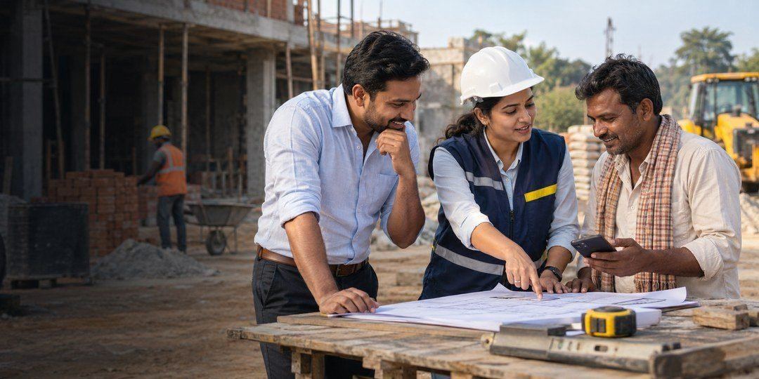 साथ मिलकर काम की योजना बनाते प्रोजेक्ट मालिक, इंजीनियर और संसाधन प्रदाता